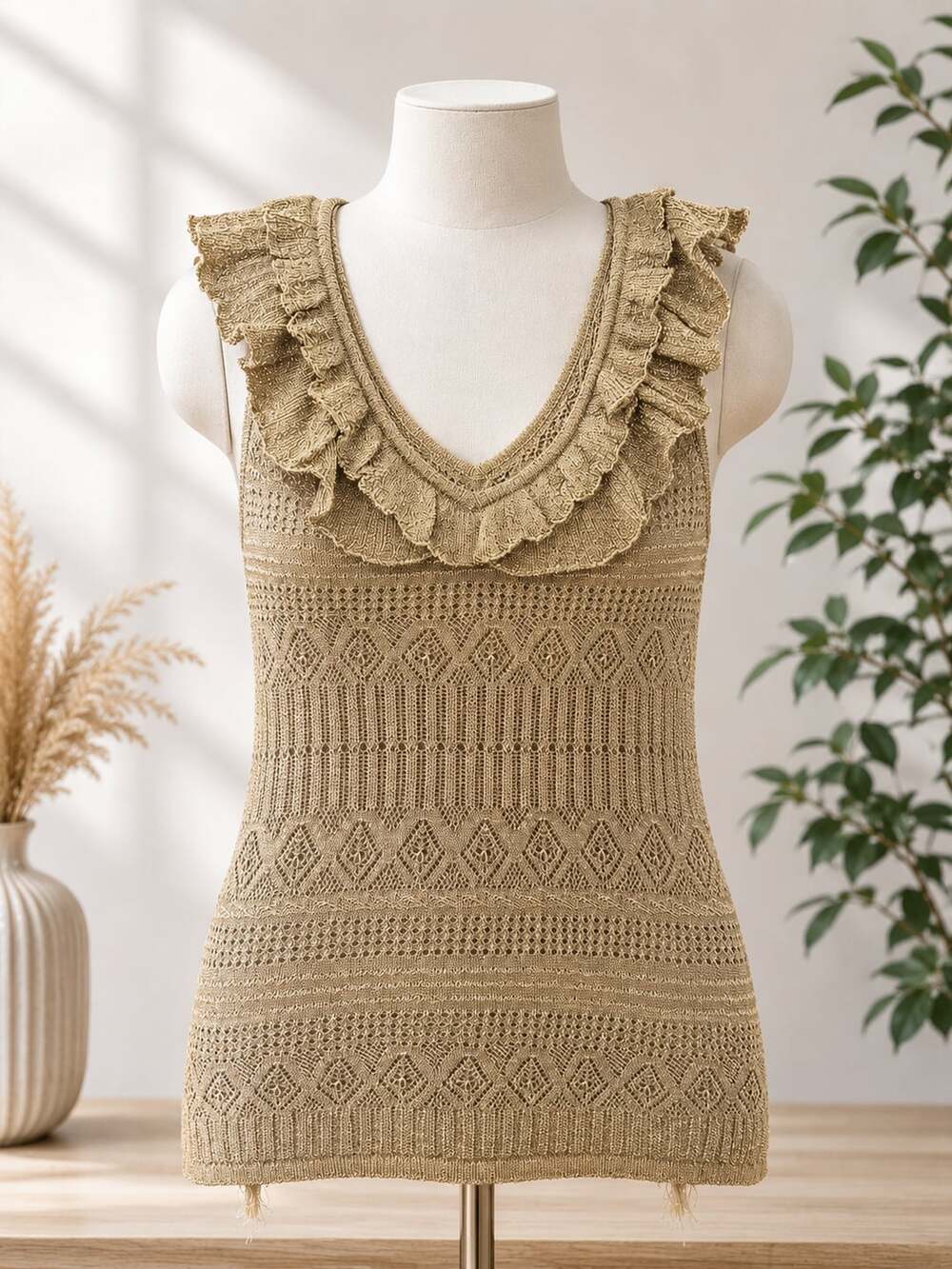 INC International Concepts Metallic Gold Ruffle Knit Tank Top